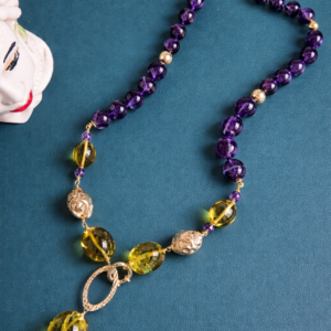 Collana Decollete in Argento 925 Placcato Oro con Ametista e Ambra Verde Messicana