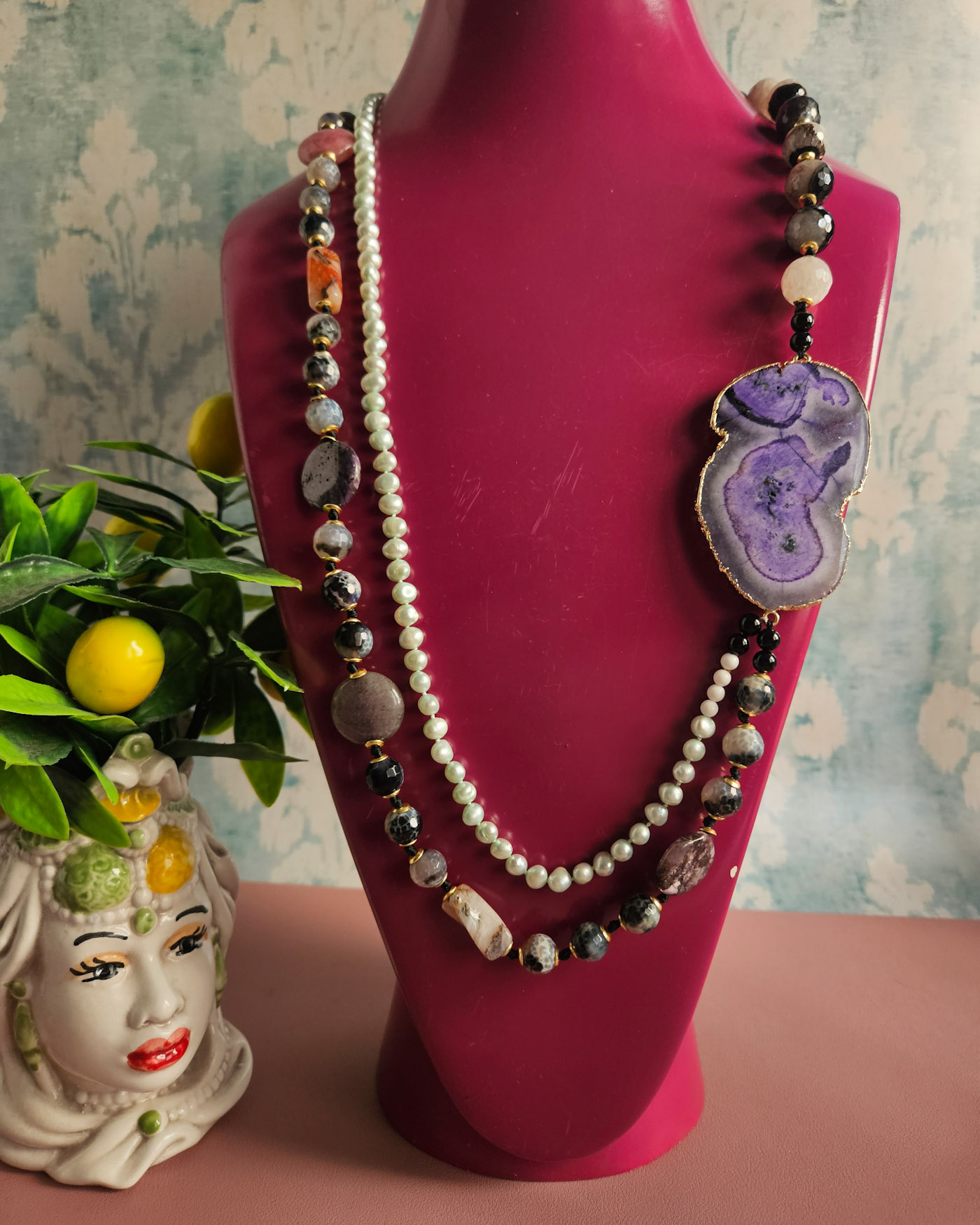Collana-Doppia-con-Agata-Fuoco-Perle-azzzurre-e-agata-naturale-Blu-1.jpg Collana Doppia con Agata Fuoco
