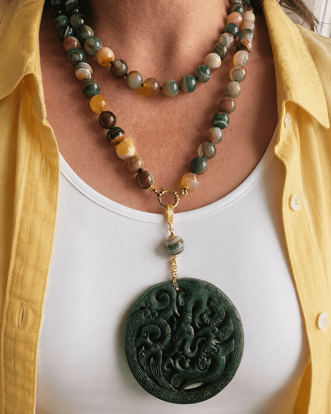 Collana Extra Lunga con Agata Sfumata e Ciondolo Giada Verde 4
