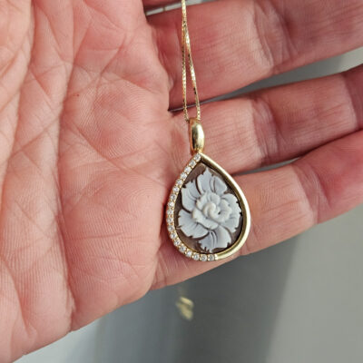Collana Girocollo a Catena in Argento 925 Placcato Oro con Cammeo FIORE Autentico di Torre del Greco