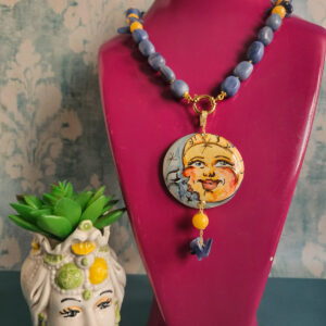 Collana Girocollo in Avventurina Blu con Giada Gialla e Ciondolo in Ceramica di Caltagirone 3