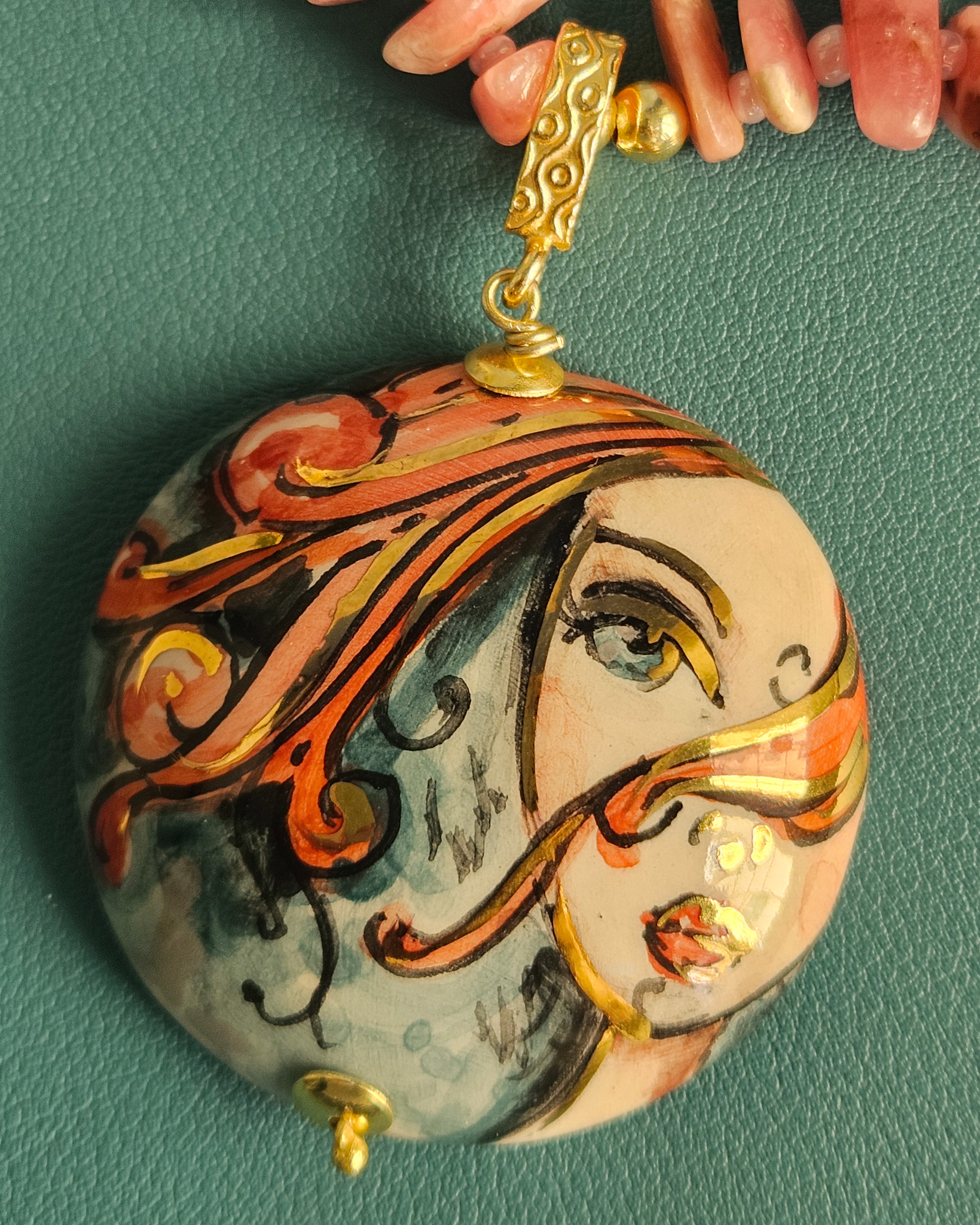Collana Lunga con Agata Oceanica, Rodocrosite e Ciondolo in Ceramica di Caltagirone 1