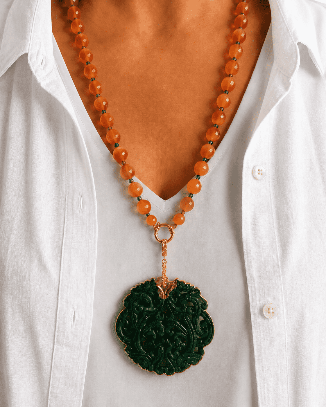 Collana Lunga con Occhio di Gatto Arancione e Ciondolo Giada Burma Verde 5