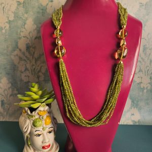 Collana Multifilo in Argento 925 Placcato Oro con Peridoto e Ambra Verde Messicana
