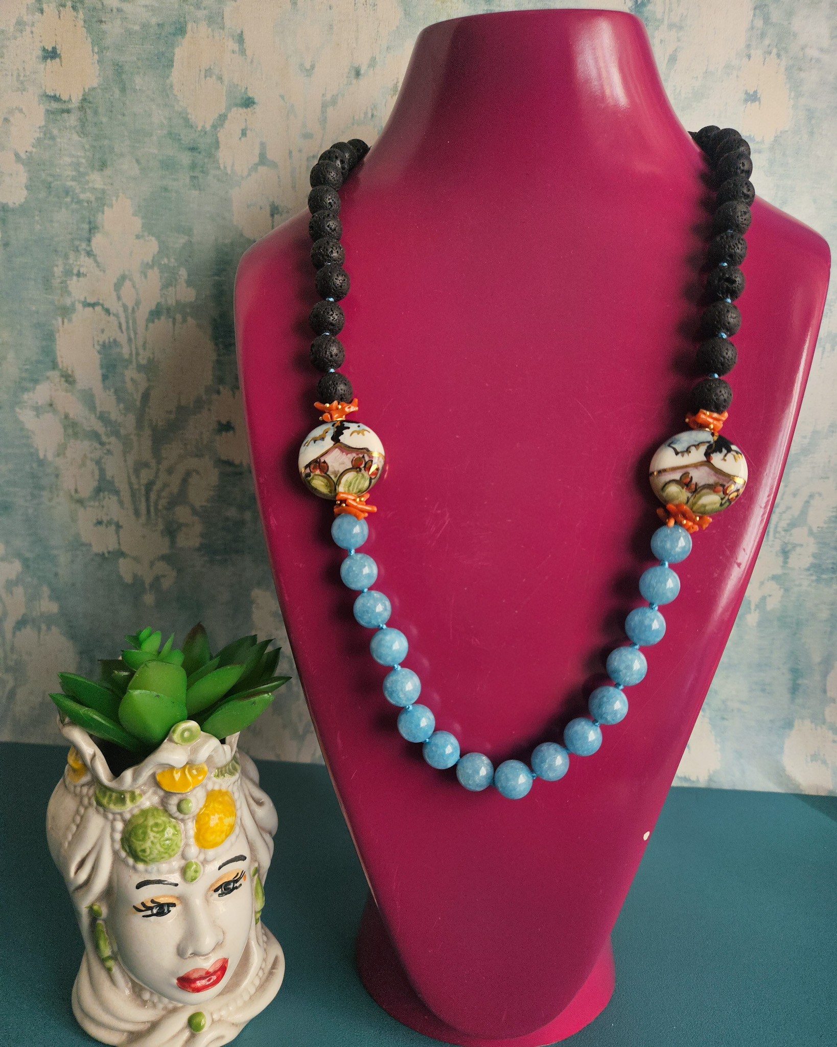 Collana NOSTALGIA con Pietra Lavica, Angelite e Ceramica di Caltagirone 1
