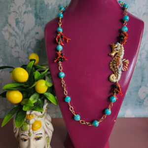 Collana a Catena con Angelite e Cavalluccio Marino in Ceramica di Caltagirone