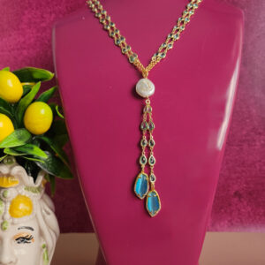 Collana a catena doppia con occhio di gatto azzurra