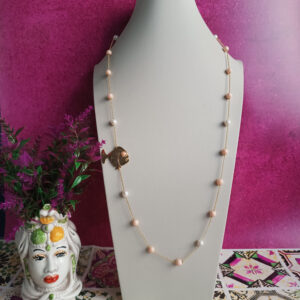 Collana a catena in argento 925 placcato oro con perle pietre rosa e pesce oro 4