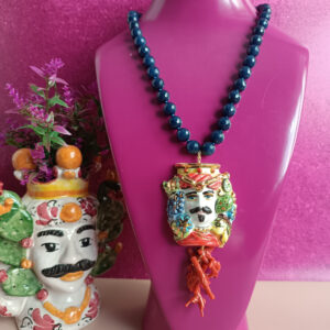 Collana agata blu con testa di moro in ceramica di caltagirone e corallo rosso 5