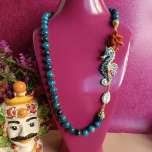 Collana con giada tormalina blu e cavalluccio marino in ceramica di caltagirone 7
