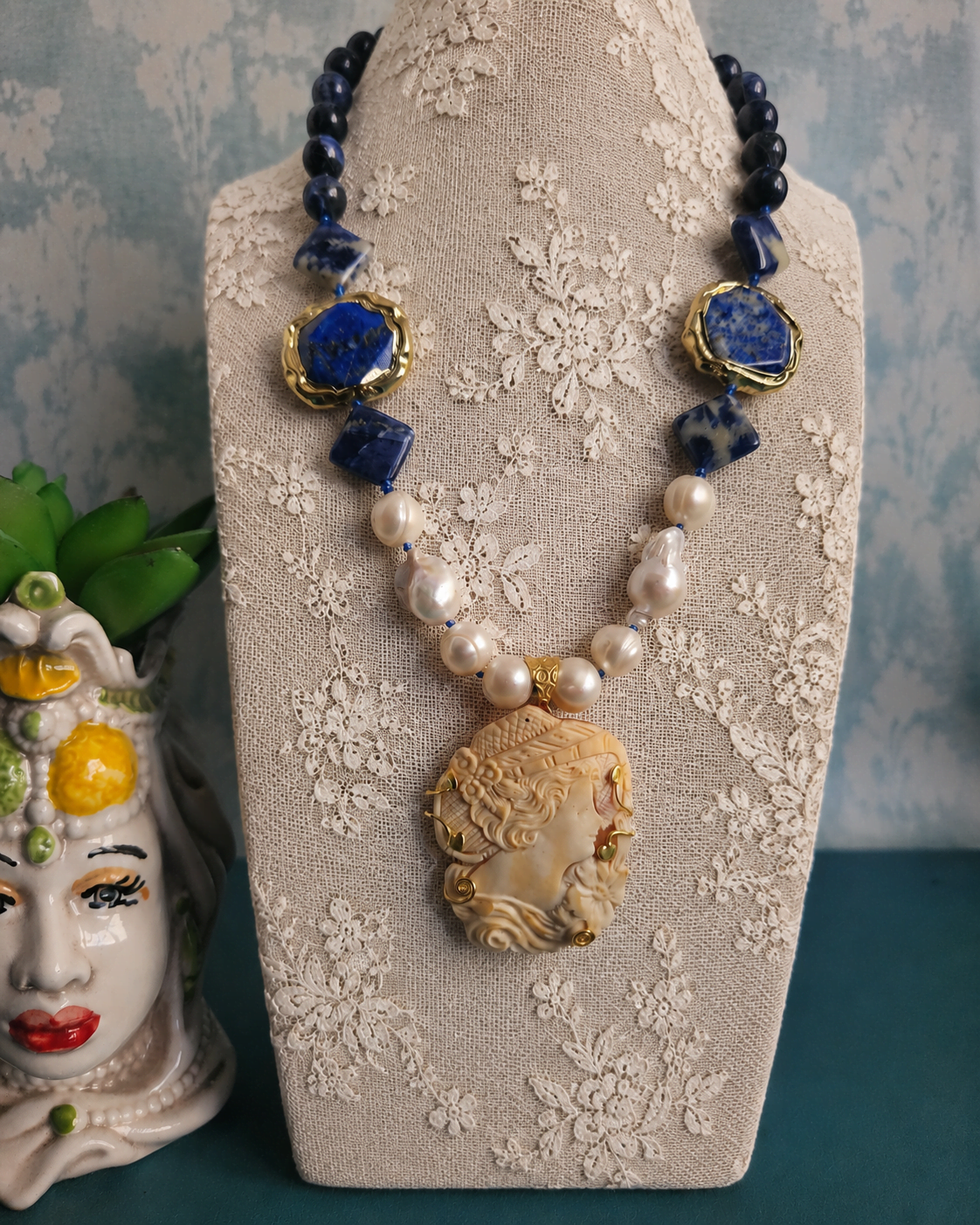 Statement Necklace with Pearls, Sodalite, Blue Lapis and Sardonic Shell Cameo - Image 2