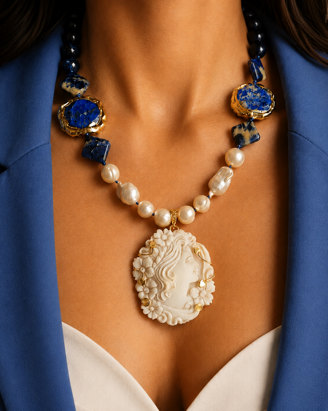 Collana decollete con Perle, Sodalite, Lapis Blu e Cammeo Scolpito dalla Conchiglia Sardonica