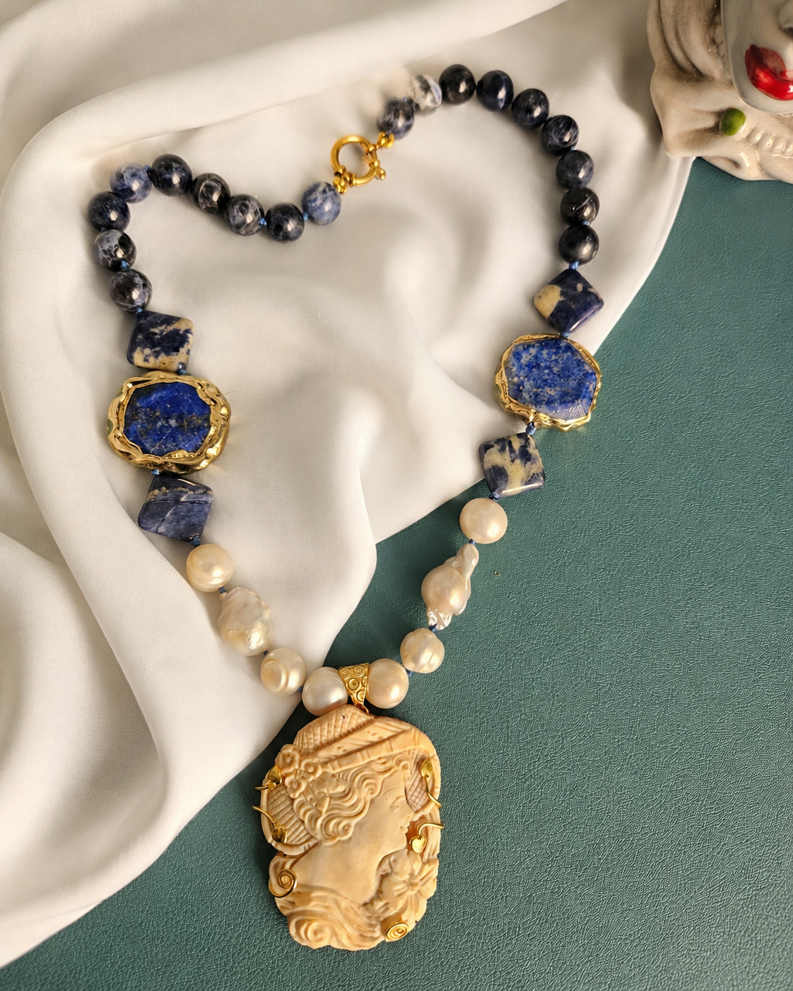 Statement Necklace with Pearls, Sodalite, Blue Lapis and Sardonic Shell Cameo - Image 3
