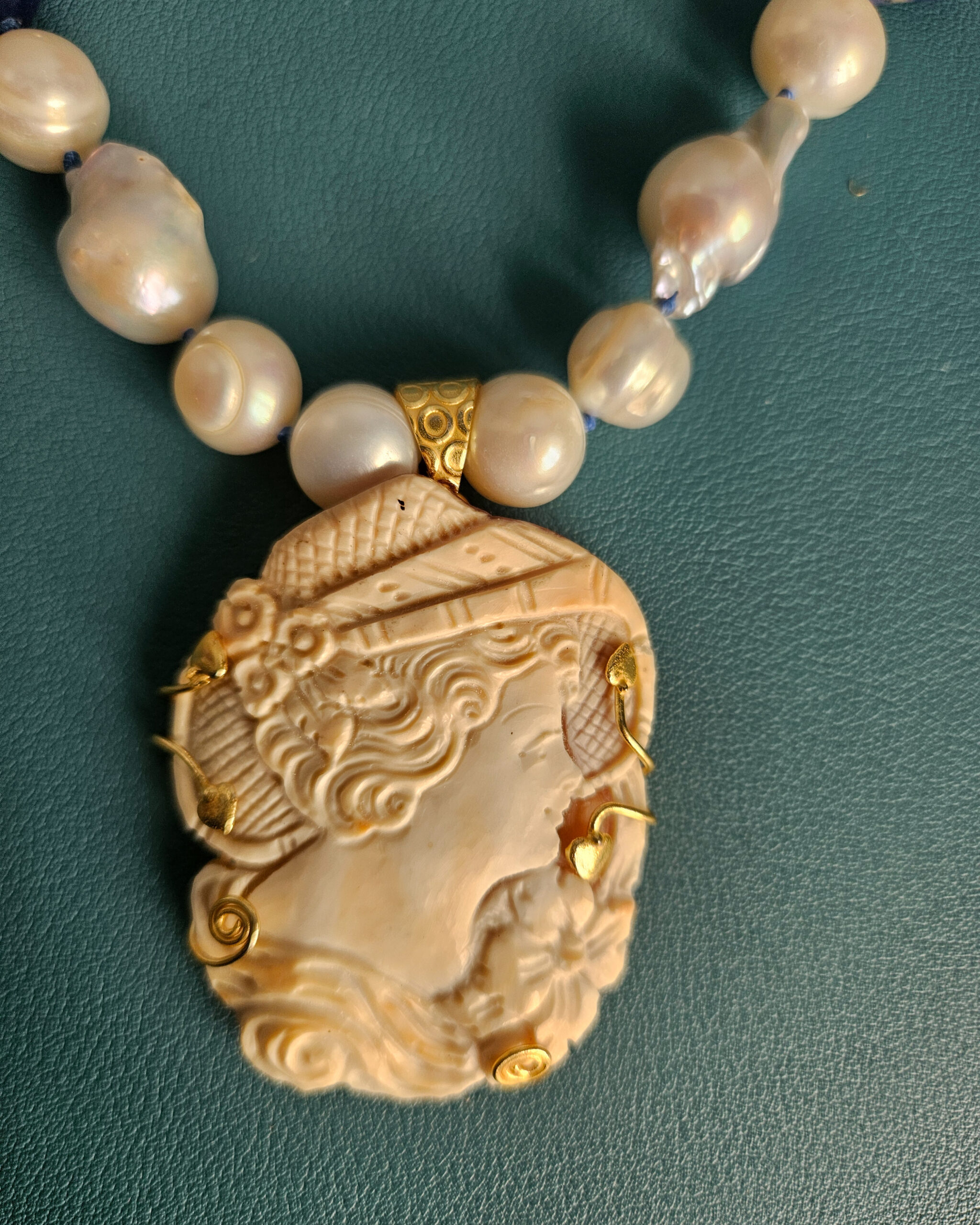 Statement Necklace with Pearls, Sodalite, Blue Lapis and Sardonic Shell Cameo - Image 4
