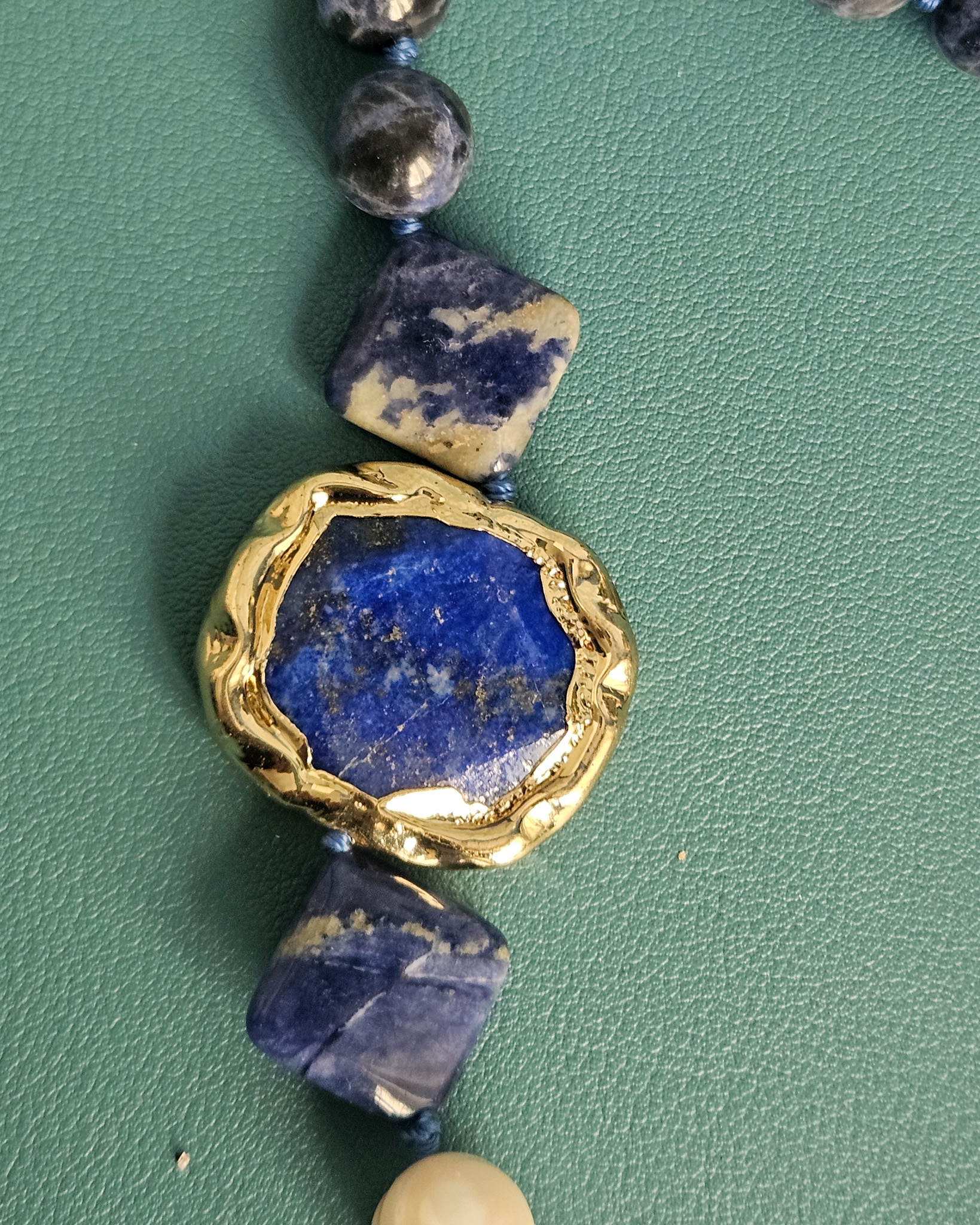 Statement Necklace with Pearls, Sodalite, Blue Lapis and Sardonic Shell Cameo - Image 5