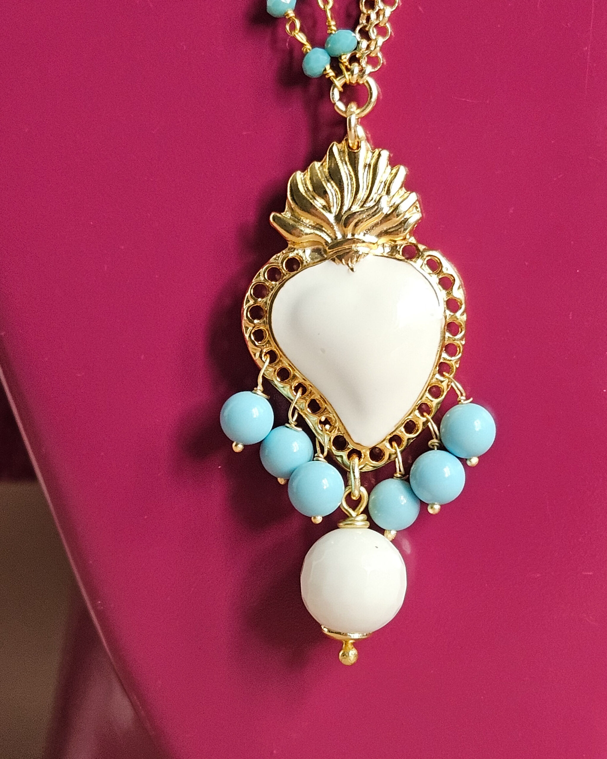 Collana doppio filo con catena rosario e cuore sacro 2