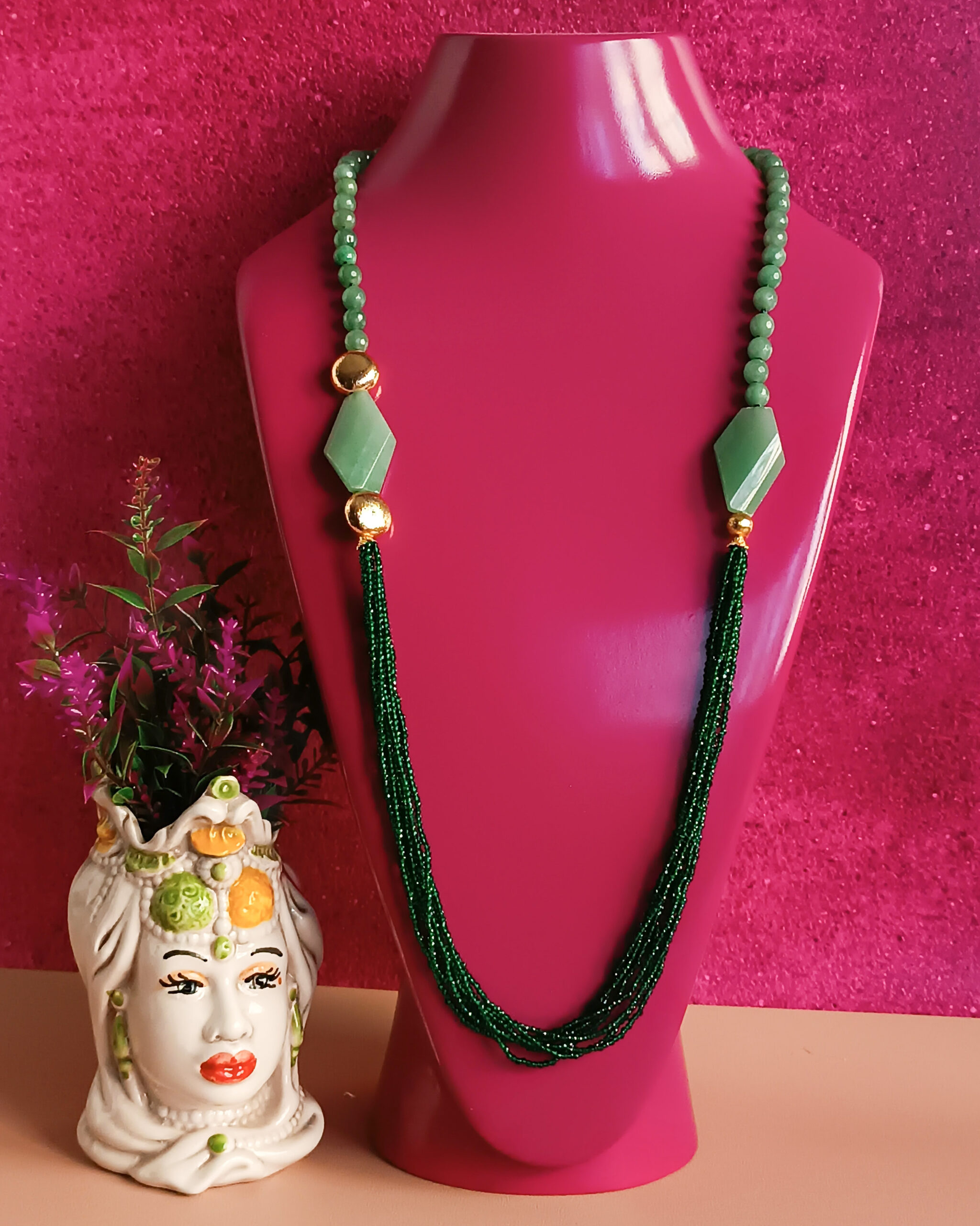 Collana lunga con giada verde e zirconi verdi 6 Collana lunga con giada verde e zirconi verdi 6