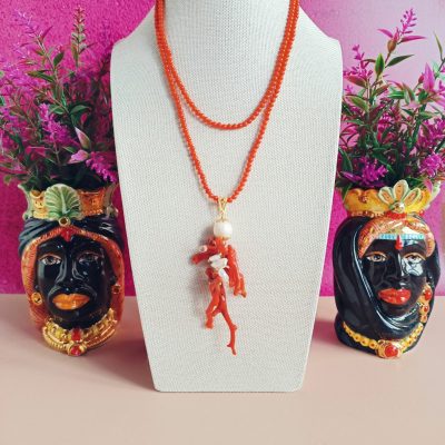 Collana lunga di corallo con ciondolo corallo rosso e perle 6