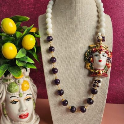 Collana siciliana con agata bianca ametista e testa di moro in ceramica di caltagirone