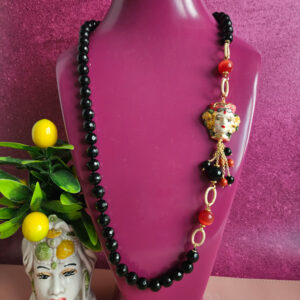 Collana siciliana con onice nero e testa di moro in ceramica di caltagirone