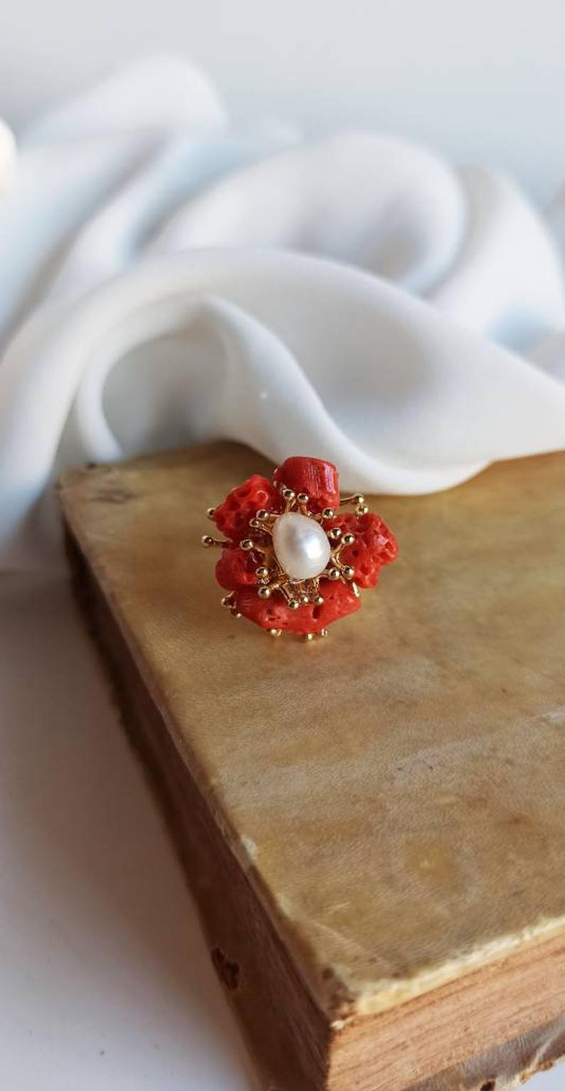 Flower ring with Mediterranean Coral and Pearls_2
