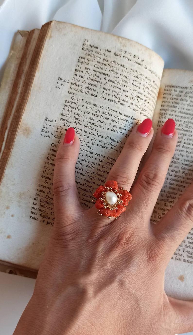Flower ring with Mediterranean Coral and Pearls_3