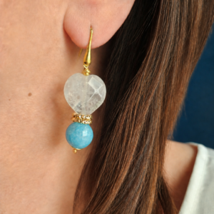 Orecchini Pendenti con Cuori di Quarzo Rosa e Angelite