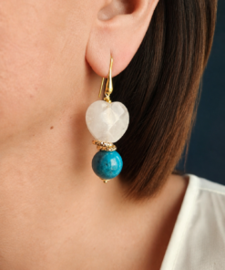 Orecchini Pendenti con Cuori di Quarzo Rosa e Apatite