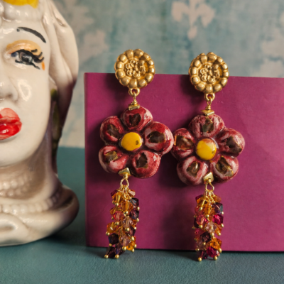 Orecchini Pendenti con Fiori fucisa in Ceramica di Caltagirone Dipinta a Mano e Cristalli Swarovski