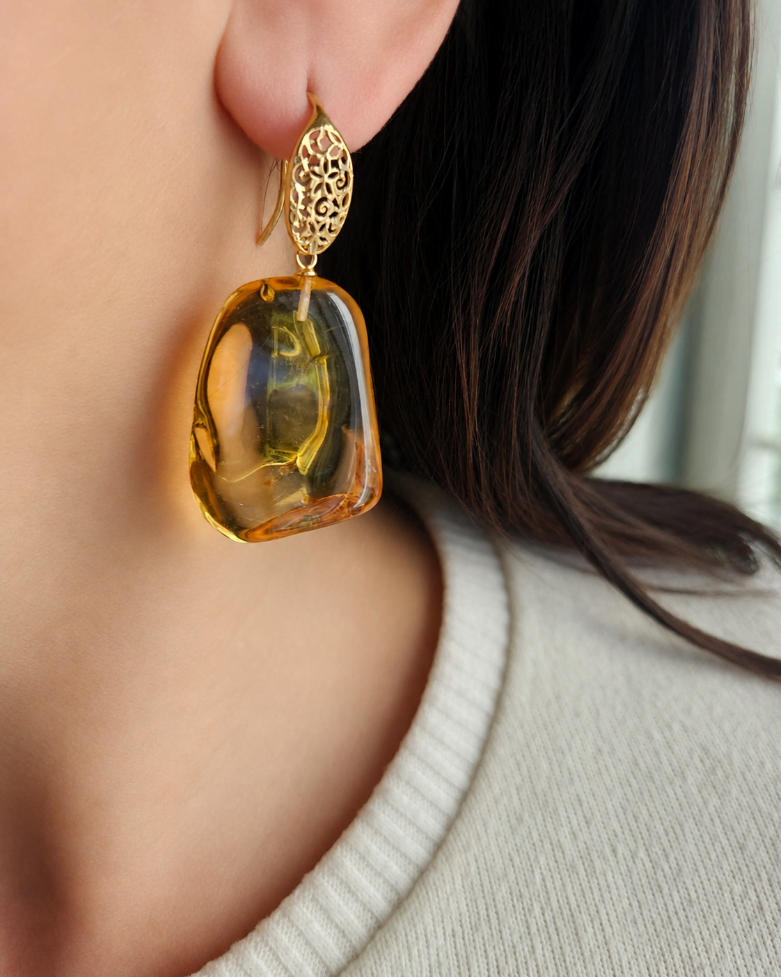 Gold Plated 925 Silver Drop Earrings with Natural Baltic Amber - Image 4