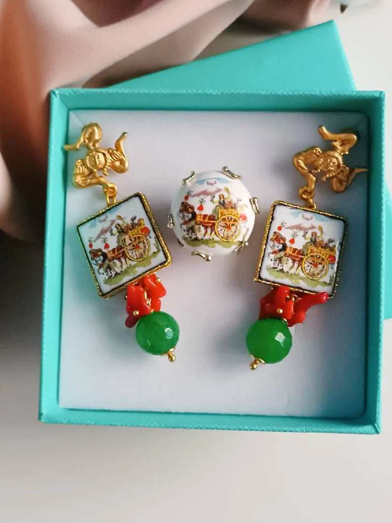 Orecchini con mattonelle in ceramica di caltagirone e agata verde 10
