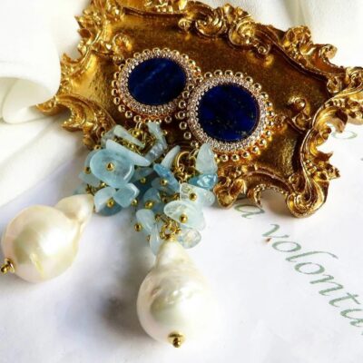 Orecchini di perle con acquamarina e lapislazzuli blu
