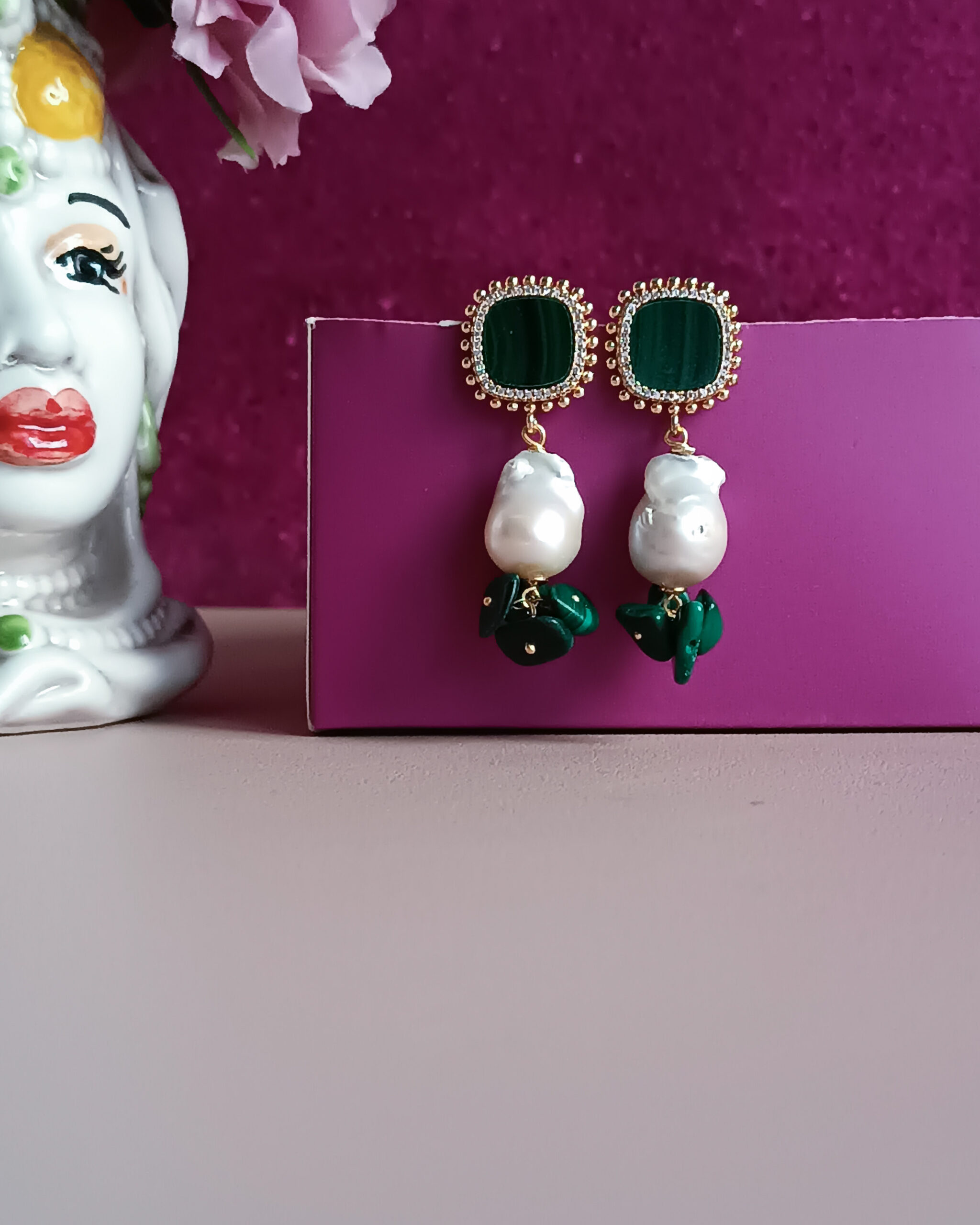 Orecchini di perle con malachite 4 Orecchini di perle con malachite 4