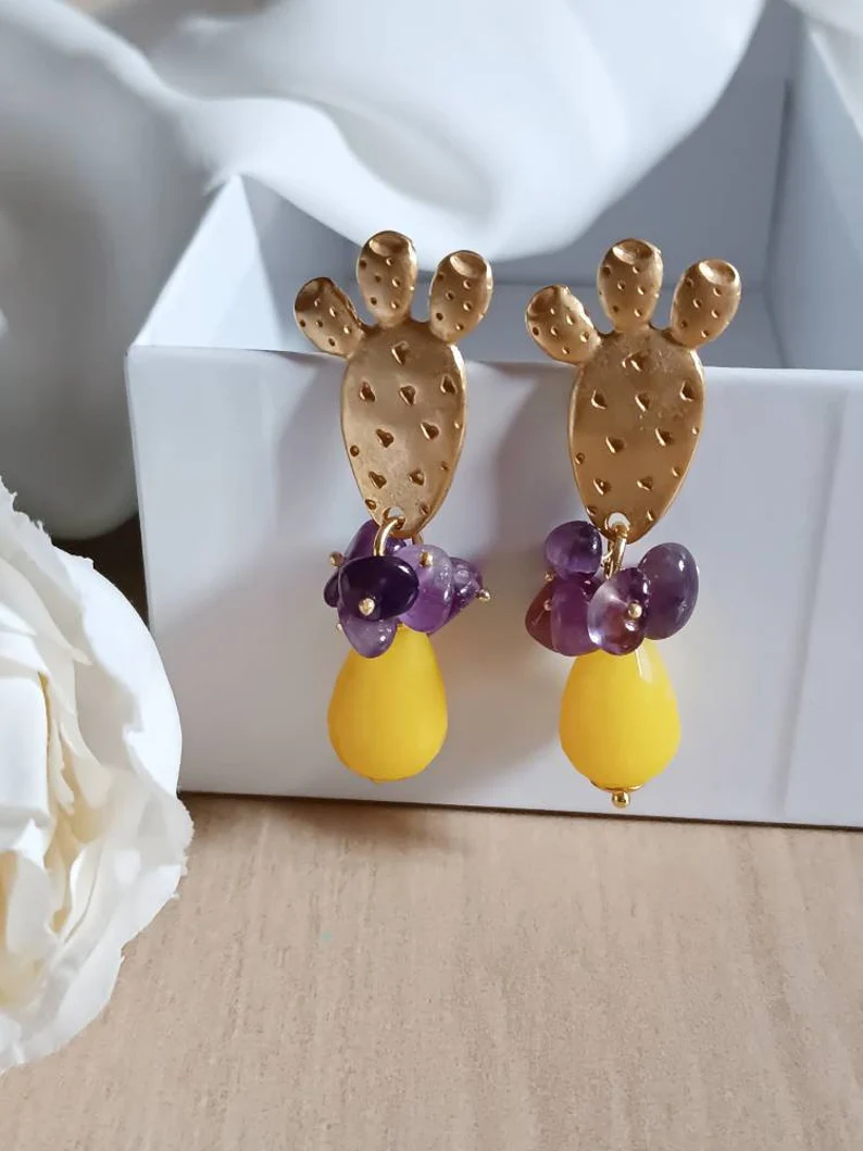 Orecchini goccia gialla con fichi d'india 2