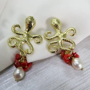 Orecchini polipi con perle e corallo rosso