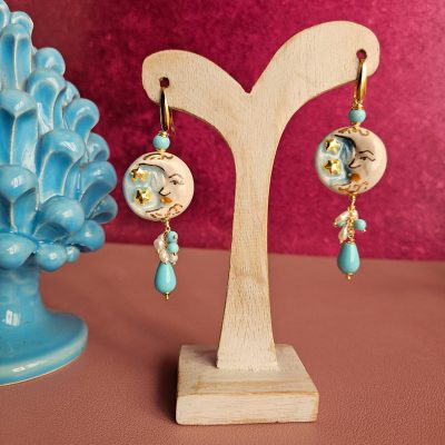 Orecchini siciliani con ceramica di caltagirone dipinta a mano pasta di turchese e perle