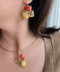 Parure Collana e Orecchini con Corallo Rosso, Citrino e Pietra di Luna