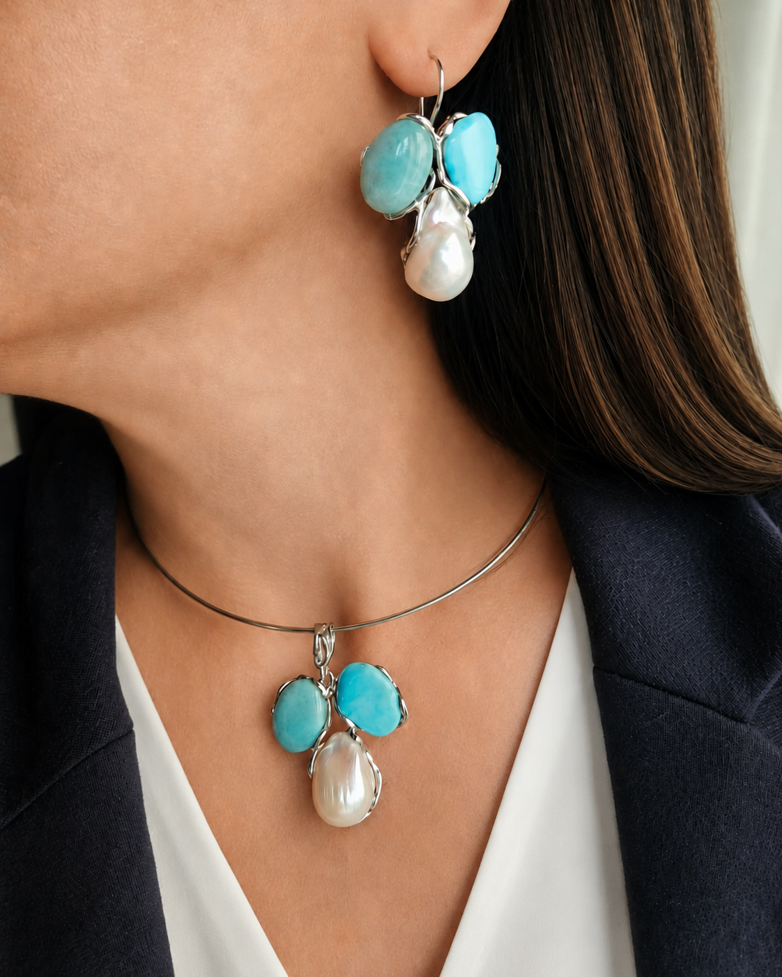Parure Collana e Orecchini con Turchese, Amazzonite e Perla Barocca 1