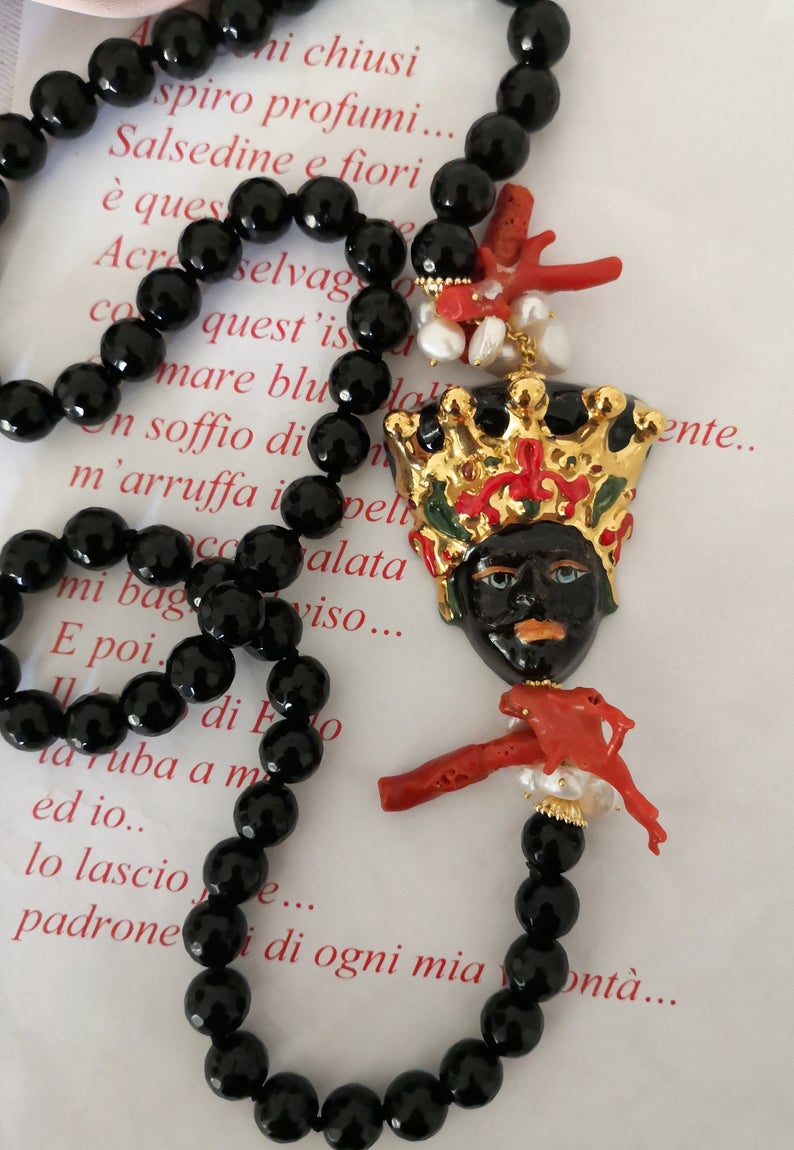 Sicilian necklace with black onyx stones and sicily ceramic head