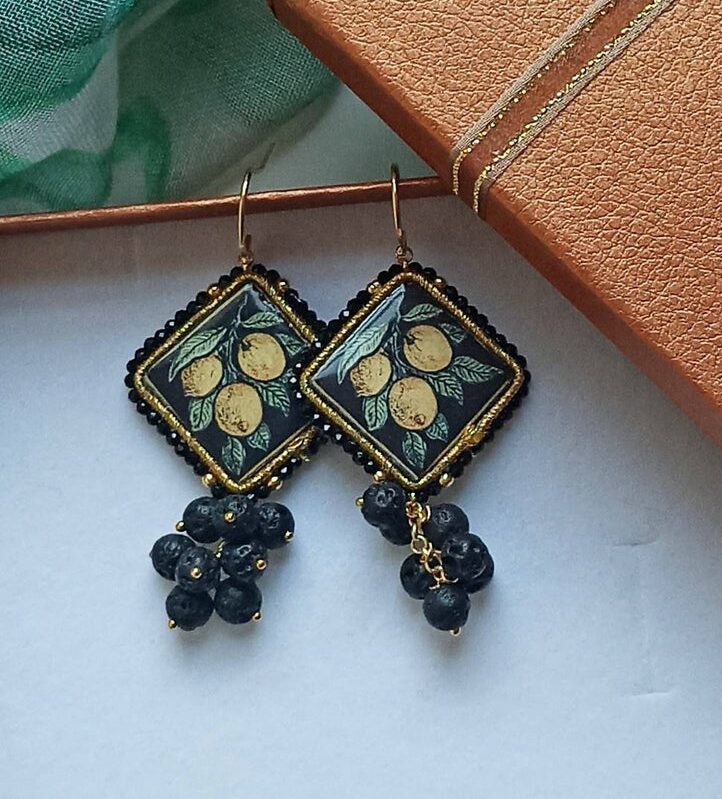 Sicily ceramic tile earrings with lava stones Sicily ceramic tile earrings with lava stones