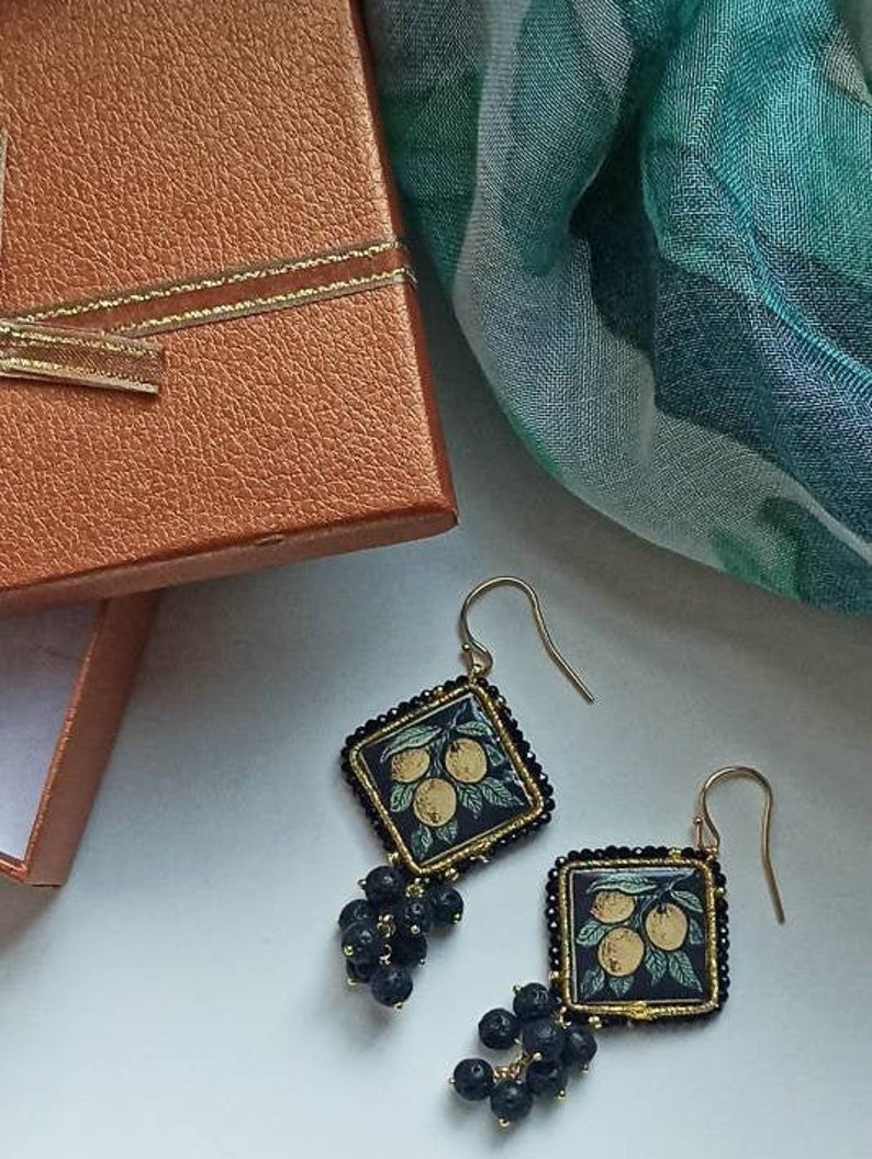 Sicily ceramic tile earrings with lava stones_1
