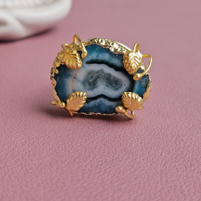 anello ovale con agata druzy naturale blu