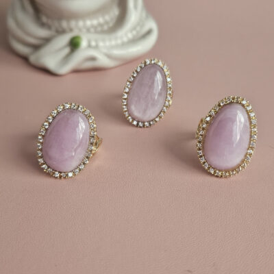 anello ovale in argento 925 placcato oro con kunzite e zirconi