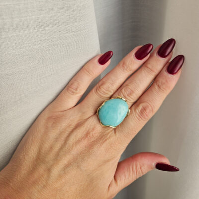 anello tondo in argento 925 placcato oro con acquamarina