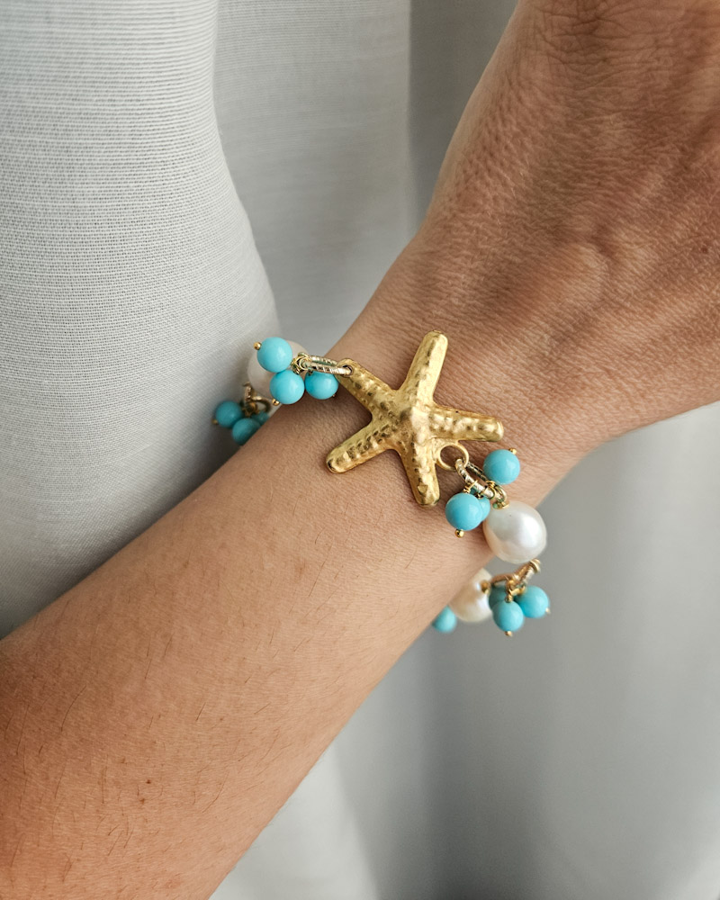 bracciale a catena con perle pasta di turchese e stella marina in ottone 1