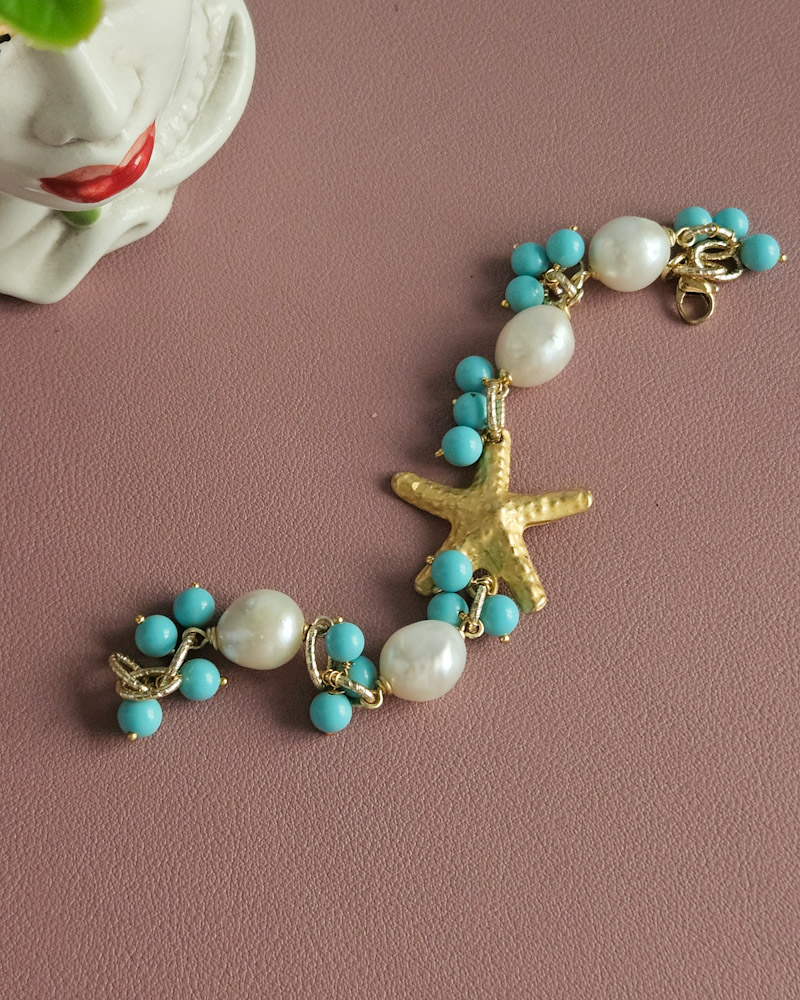 bracciale a catena con perle pasta di turchese e stella marina in ottone 2