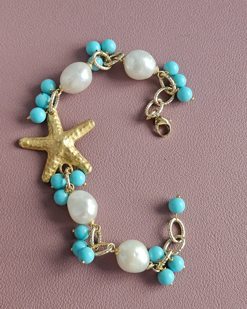 bracciale a catena con perle pasta di turchese e stella marina in ottone 3