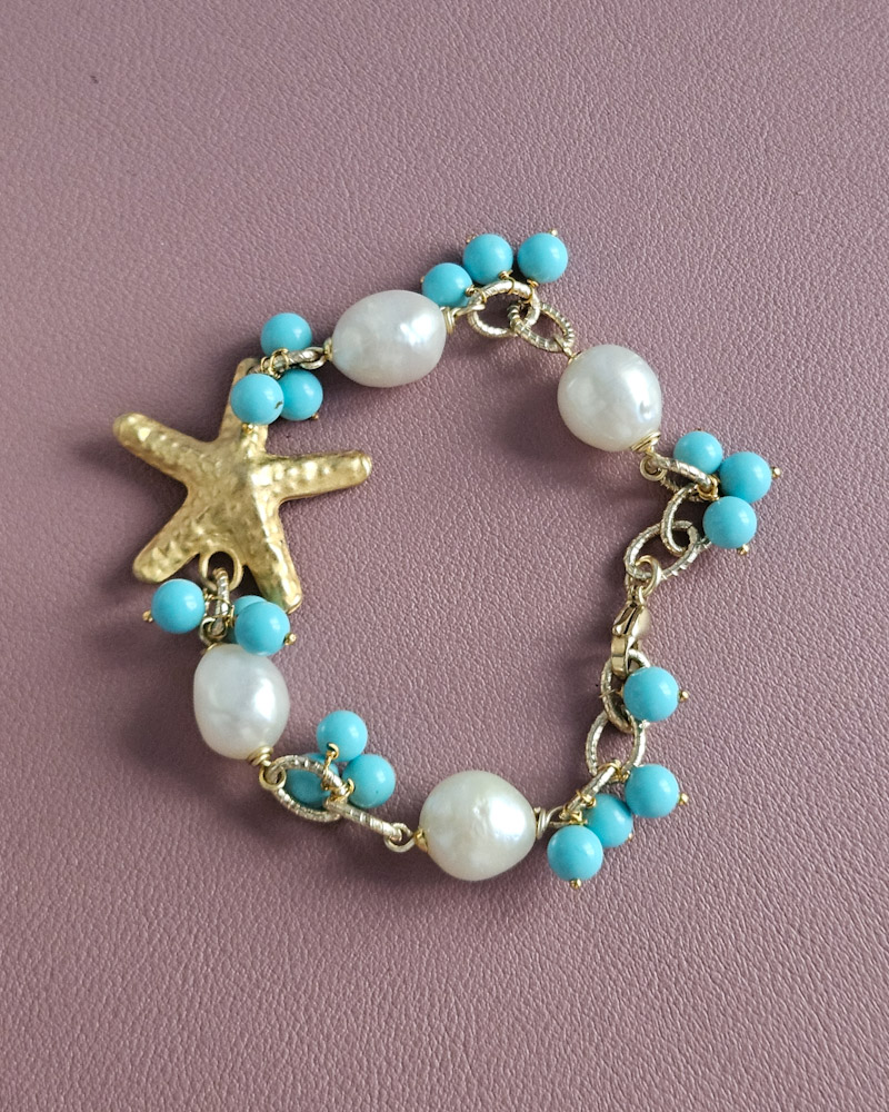 bracciale a catena con perle pasta di turchese e stella marina in ottone bracciale a catena con perle pasta di turchese e stella marina in ottone