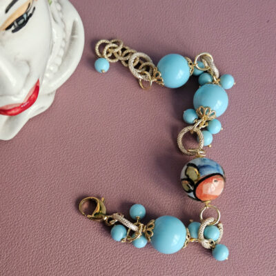 bracciale a catena con turchese e ceramica di caltagirone