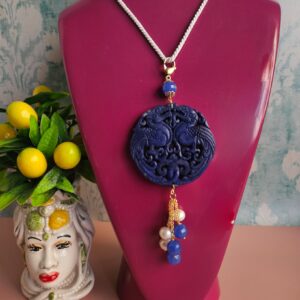 ciondolo giada burma blu con perle e pietre blu
